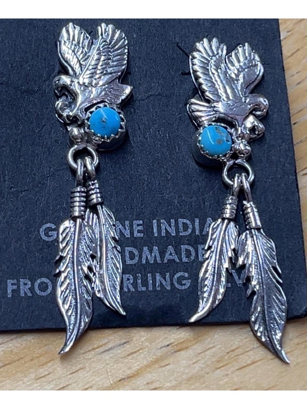 Navajo sterling silver turquoise eagle design feather cluster earrings